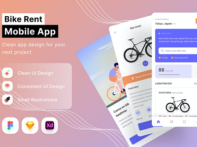 Bike Rent Mobile App app bike bike rent branding design designposter graphic design html iconography illustration landing landing page layout mobile app template ui vector web web development website