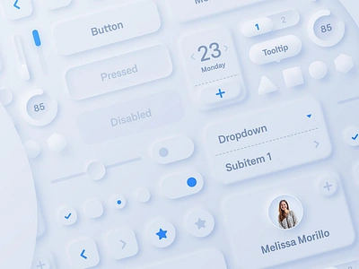 Neumorphic UI Kit 3d arrow avatar blue design designposter dropdown icon illustration kit mobile neumorphic neumorphic ui kit profile radio skeuomorph slider tooltip ui ui kit