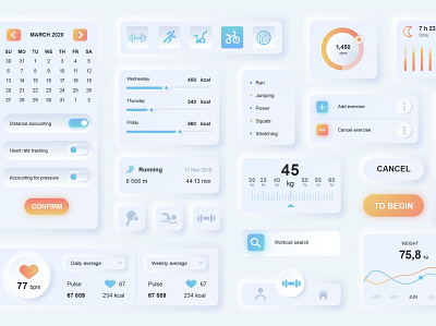 Neumorphic Fitness Elements Mobile App UI Kit analysis app branding design designposter dropdown elements elements mobile graphic design illustration infographic infographic web mobile app neumorphic neumorphic fitness ui ui kit ux web web ui