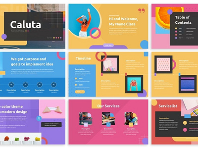 Caluta - Creative Powerpoint Template business clean colorful company corporate dynamic fashion lookbook google slide graphic design keynote memphis modern pastel pitch deck powerpoint studio unique web design web development website