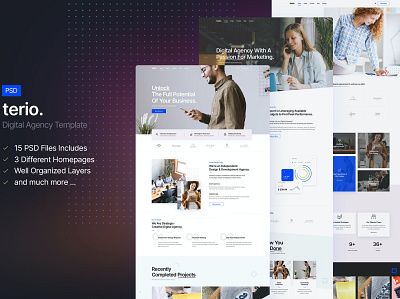 Terio - Creative Agency PSD Template abstract branding campus concept conferences creative design dishes exhibition fastfood illustration landingpage multipurpose onlinefood purpose university web web development web maintance webinar