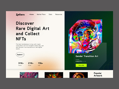 NFT Market Place Website bitcoin crypto crypto art cryptoart ethereum gallery home page illustration landing page minimal nft nftart product design token typography uiweb design ux