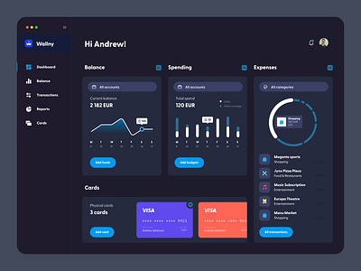 Wallny - Dashboard app dark theme app clean dashboard design finance financial interface ui