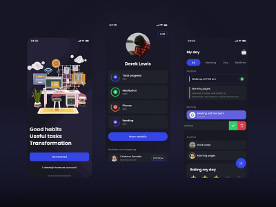 Transformation - change your lifestyle app app d daily day design fitness habits health home home screen interface meditation mobile progreess progress reading routine schedule task task tracker
