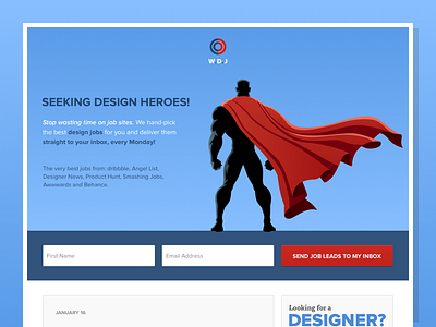 Weekly Design Jobs ads blue design jobs form free hero heroes illustration jobboard listing red