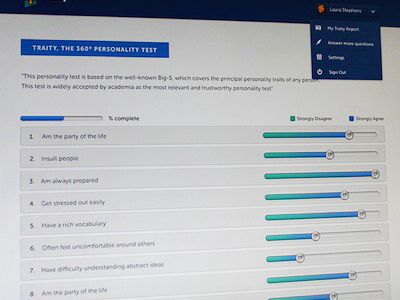 Personality Test app avatar blue chart data graph minimal personality report wip