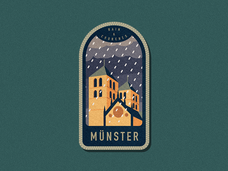 Münster Badges – Rain & Churches animation badge blue church city clouds illustration motion patch rain retro vector