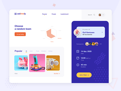 Zutimely - Online Gaming Experience clean creative figma fresh gaming gaming website geometric icon design illustration interface landing page minimal minimalist logo overview product design social network strategy technology typography ui ux