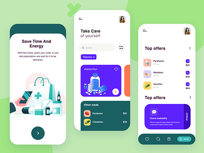 Mobile app - Online Pharmacy analytics animation application clean creative dashboard doctor app fresh golden grid illustration interaction design interface medicine minimal online pharmacy pills planner react native typography
