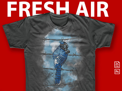 FRESH AIR ARTWORK barb wire birds bluejay character creative market download drop ship eco design ecology gas mask illustration merch on demand products pollution psd t shirt
