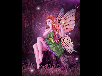 Fairy butterflies butterfly digital 2d dream fairies fiction flute grassland illustraion kids books landscape love magic night night mode painting photomanipulation purples singing tinkerbell