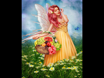 Morning Fairy basket clouds dream fairy fairytale flowers illustration fruits greencolor hair heaven illustration landscape love is love luxurious mysterious painting photomanipulation sun rise wings yellow