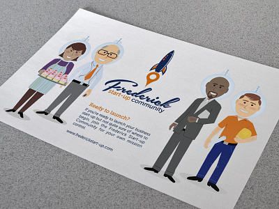 FSC Mailer -Updated blue characters frederick illustration orange people print retro rocket script type space vector