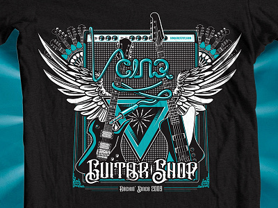 Cinq Guitar Shop - Update bass guitar blue guitar guitar shop illustration music retro t shirt wings