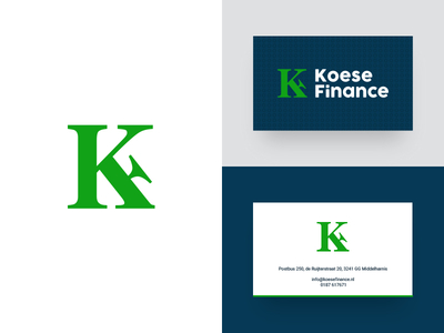 Koese Finance blue branding business cards finance green identity logo white