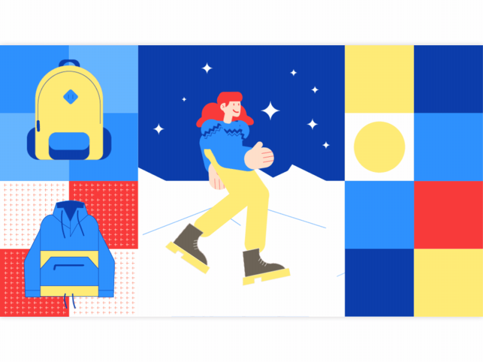 Traveling to Iceland 2d after effects animation backpack blue duik explainer flat girl iceland illustration infographic jacket knife motion graphics owl red sweater volcano woman