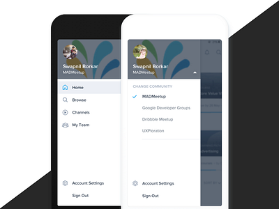 Final Visuals for Community/Organisation Switching account selection dropdown ios material design navigation drawer