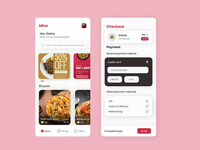 Mino - A food delivery app app app design branding delivery design food light light theme logo redesign swiggy ui ux white zomato