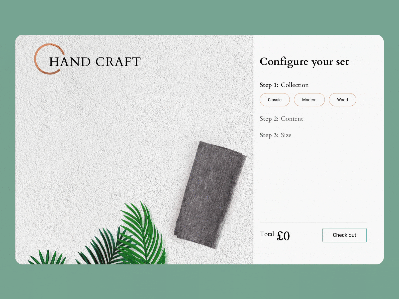 Handcraft tableware configure page // Daily UI 33 animation configure craft dailyui dailyuichallenge design dinner figma handcraft home interface animation personalisation premium transitions ui ui animation web design website website animations website design