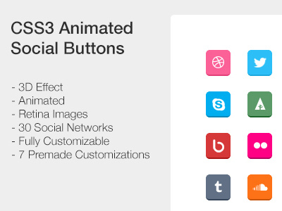 CSS3 Animated Social Buttons 3d android animated app store buttons css3 deviant art dribbble effects facebook flickr google plus instagram itunes lastfm linkedin mail media paypal phone pinterest rss feed social soundcloud spotify stumble upon tumblr twitter ui youtube