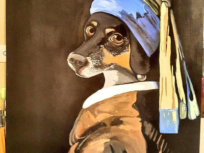 Dog with the pearl earring acrylic painting art customer painting design dog famous funny illustration painting pet design pet portrait pets