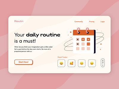 Routn - Daily Routine & Selfcare Landing Page daily routine daily routine tracker graphic design homepage landing page pink routine selfcare soft ui uiux user interface web design website