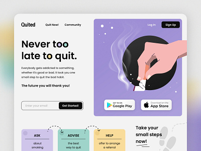 Quited - Smoking Cessation Landing Page graphic design homepage landing page smoking smoking cessation smoking cessation landing page smoking cessation web design ui uiux user interface web design website