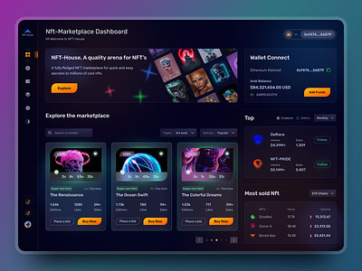 NFT Marketplace Dashboard application art bitcoin blockchain clean colorfull crypto dark dashboard dark theme dashboard glass dashboard glass morphism gradient nft nft platform nftdashboard nftmarketplace product design uiux webapp