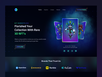 Infinity- Nft Marketplace Landing Page Header Exploration crypto art cryptocurrency dark mode design exploration homepage landing page design marketplace nft nft art nft landing page non-fungiabletoken token ui user interface ux visual design web design website website design