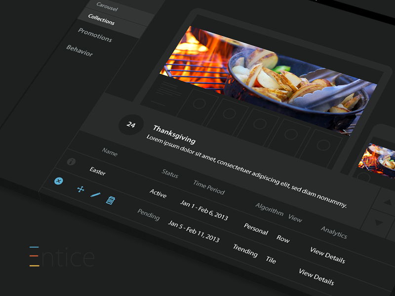 Entice • Collections CMS entice content management cms flat dark ui user interface black