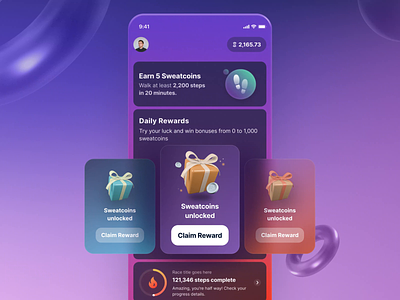 Sweatcoin Daily Rewards - UI Refresh 🎁 3d 3d gift animation card cards coins crypto earn earning gift gift box illustration illustrator motion graphics reward rewards sweatcoin swipe ui ux