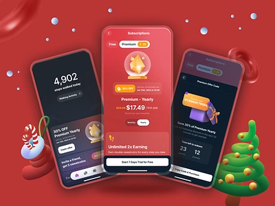 Holiday Discount 🎄 - Premium Plan 3d android app christmas christmas tree discount discounts holiday illustration illustrator ios mobile premium price price plan snow snowman subscription sweatcoin ui