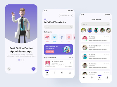 Onboarding, Home & Chat Screen- Doctor Appointment App android app design application chat screen consulting creative digital product doctor app doctor appointment doctor meet home screen minimal mobile app design onboarding screen onboarding ui product design screen splash screen ui design ux design