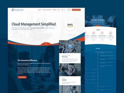 Connectria website, UI design blue blue and white cloud connectria curves managment orange security