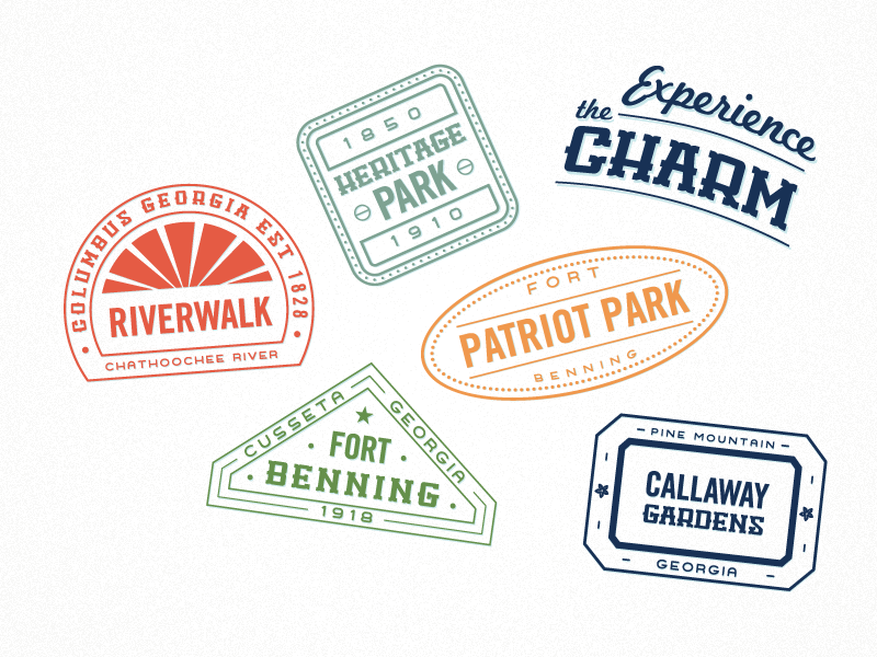 Columbus "Passport" stamps {GIF} badges benning branding charm columbus gardens georgia gif heritage passport riverwalk stamps typography woodshop