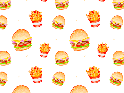 Watercolor food patterns burger drawing fast food food fries graphic design illustration pattern portfolio sketch watercolor yummy