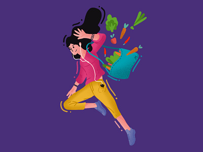 Shopping carrots girl illustration jumping shopping tomatoes vegetables