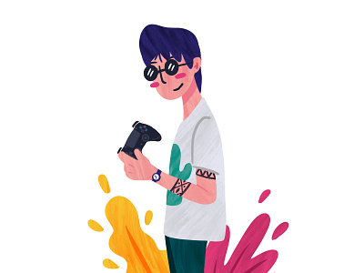 Gaming Time boy bright colors characterdesign console flat colors foliage games illustration john lennon glasses tattoos