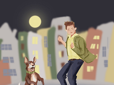 Boy and dog dancing in the moonlight boy character dance dancing design dog illustration moon music night