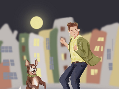 Boy and dog dancing in the moonlight