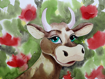 Summer Cow animal care character cheese cheese wheel cow design dutch field freedom green happy illustration leaves nature packaging summer watercolor wellbeing