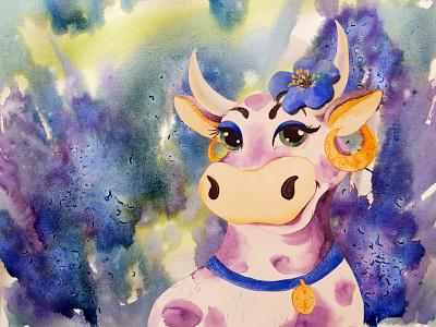 Autumn cow animal body bossy female character cheese wheel cow dutch style earing eyes field flower friendly looking happiness horns illustration nature packaging design violet watercolor wellbeing