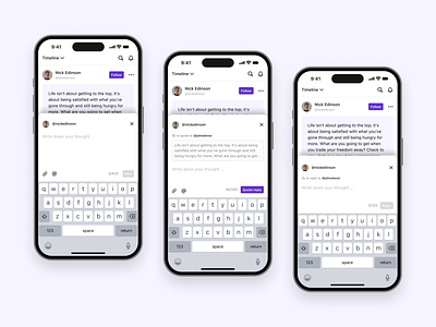 Create post, quote and reply — Text social app app messaging mobile posting product design quote reply social social media text ui ux
