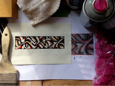 Gitter No. 8 - Sketch aerosal graffiti greyscale grid hand done paint red typography white wood