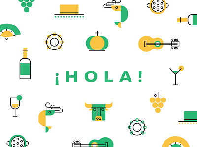Bienvenido a España bull elements hola icons illustrations paella shrimp sombrero spain spanish tambourine wine