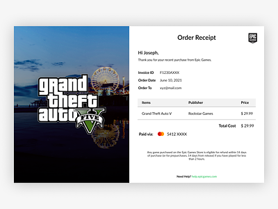 Daily UI 017 - Email Receipt 017 daily ui 017 dailyui dailyui 017 dailyuichallenge design email email design email receipt email template epic games epicgames gta5 gtav invoice newsletter order order confirmation receipt ui