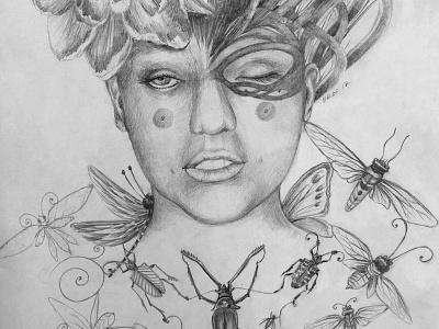 Forest Spirit 2 bugs dream pencil portrait traditional woman