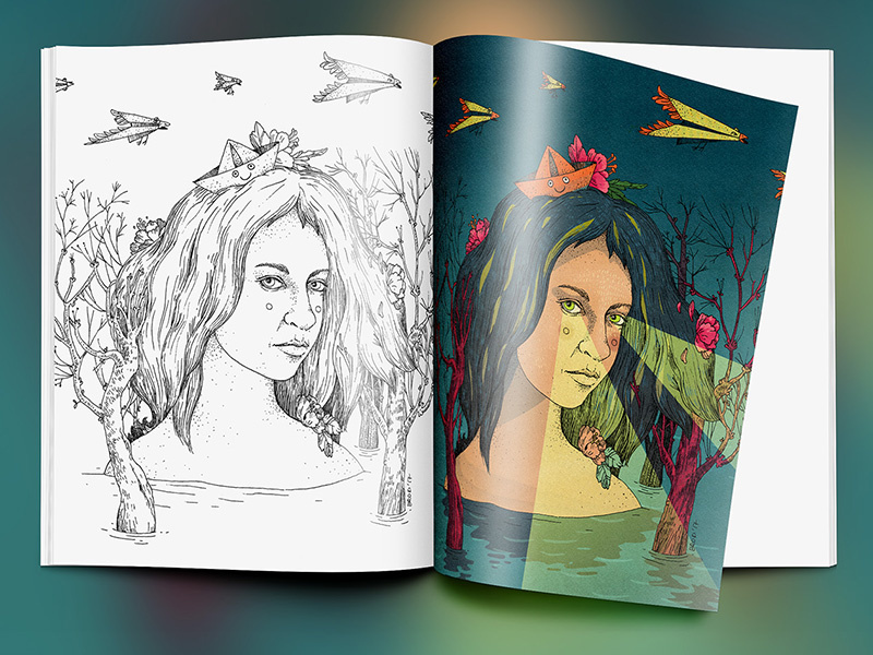 Cherry Blossom Island Mock digital media mixmedia traditional linework dream portrait woman