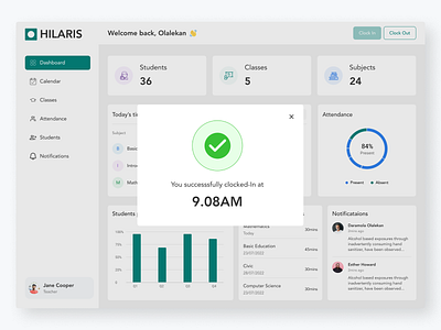 HILARIS - Clocked IN Modal attendance dashboard modal school