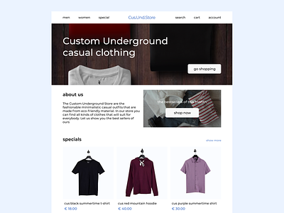 Custom Underground Store - main page experiment branding clothes design header illustration lightblue prototype ui ui kit ux uxui web white